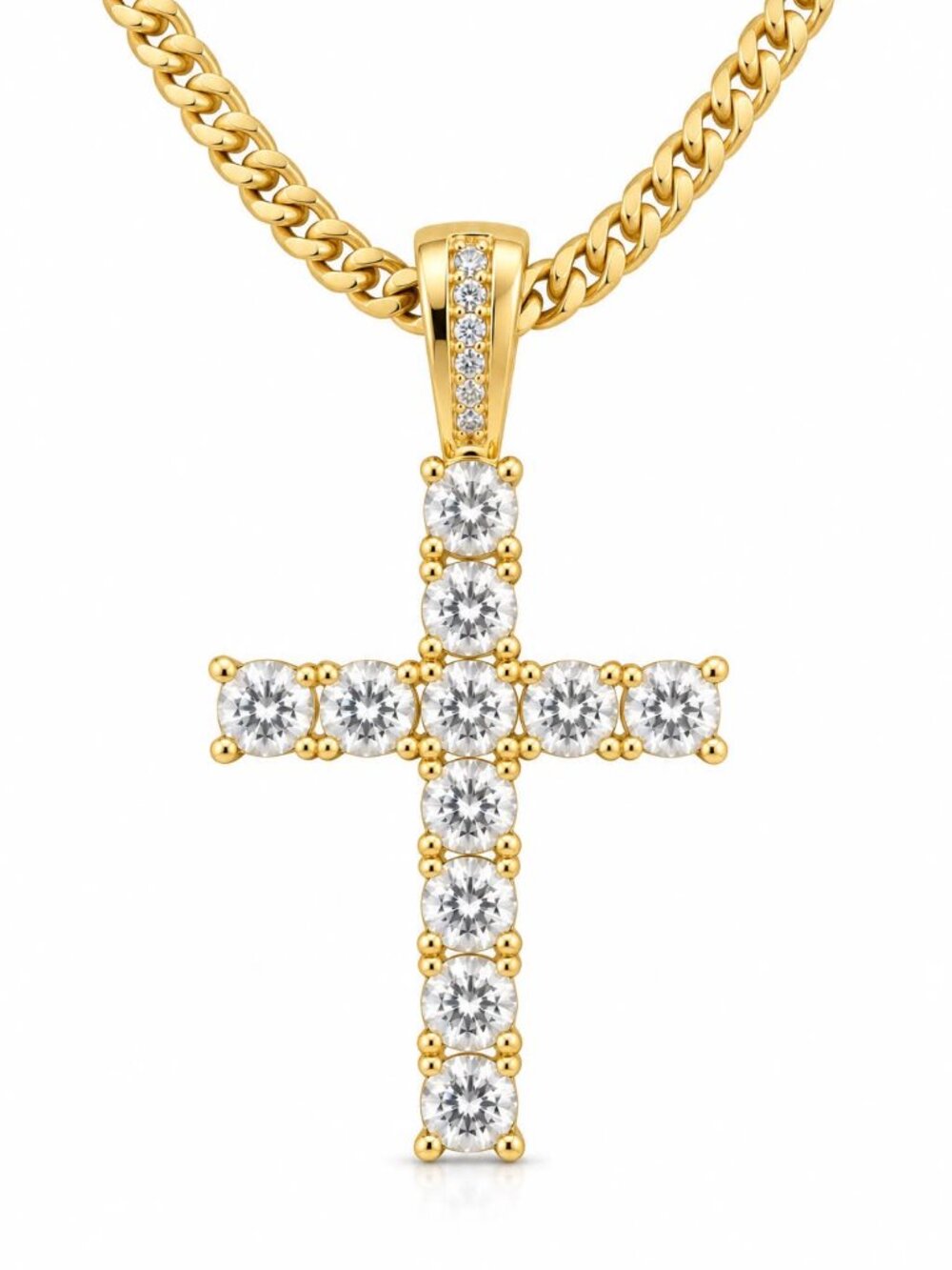 Tennis Style CZ Cross Pendant Necklace 24" Rope Chain Gold Silver Men Women